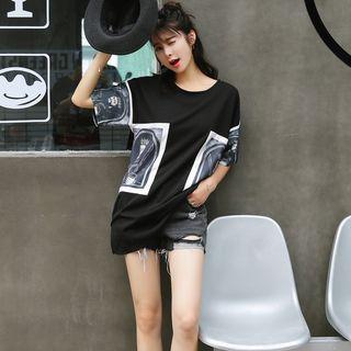 Short-sleeve Floral Print Loose-fit Long T-shirt