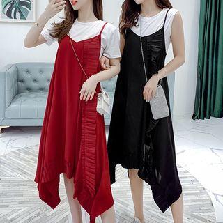 Set: Plain Short-sleeve T-shirt + Ruffle Trim Spaghetti Strap Midi Dress