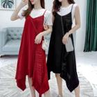 Set: Plain Short-sleeve T-shirt + Ruffle Trim Spaghetti Strap Midi Dress