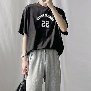 Short-sleeve Lettering T-shirt / High-waist Plain Wide-leg Pants / Plain Loose-fit Jogger Pants