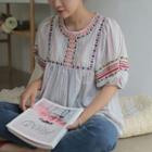 Balloon-sleeve Embroidered Stripe Top