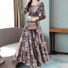 Long-sleeve Floral Print Midi A-line Velvet Dress
