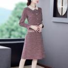 Contrast Collar Tweed Midi A-line Dress