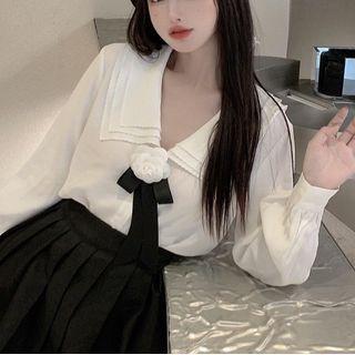 Long-sleeve Peter Pan Collar Ribbon Accent Blouse