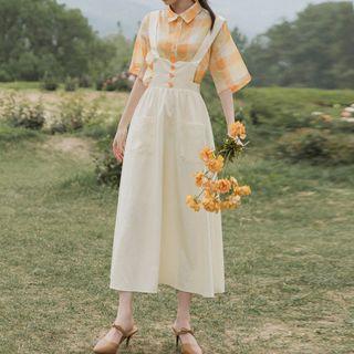 Set: Elbow-sleeve Plaid Shirt + Midi Jumper Dress