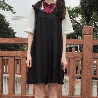 A-line Jumper Dress / Bow Tie Short-sleeve Shirt