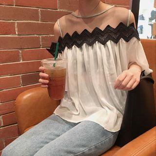 Cold Shoulder Elbow-sleeve Chiffon Blouse