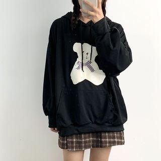 Long-sleeve Bear Printed Hoodie Black - One Size