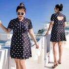 Short Sleeve Half-zip Pattern Cutout Swimdress