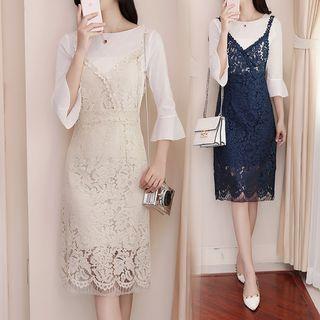 Set: Elbow-sleeve Top + Strappy Lace Dress