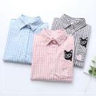 Long-sleeve Cat Embroidery Pocketed Checked Shirt