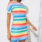 Rainbow Stripe Mock Neck Tee Dress