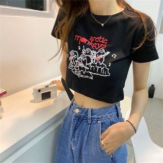 Short-sleeve Monkey Printed Cropped Top