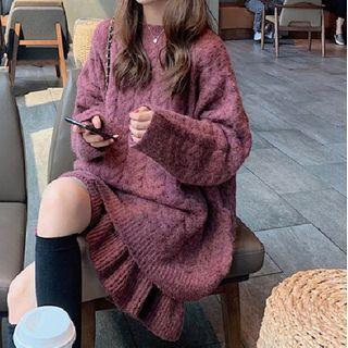 Set: Cable Knit Sweater + Ruffle Hem Mini Knit Dress