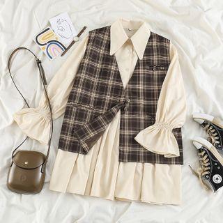 Plaid Vest / Long-sleeve Shirt Dress