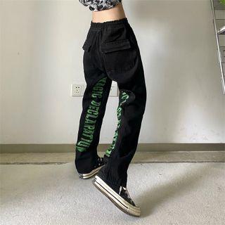 Mid Waist Letter Embroidered Wide Leg Jeans