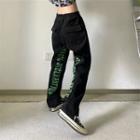 Mid Waist Letter Embroidered Wide Leg Jeans