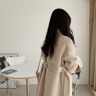 Hidden-button Wool Blend Coat With Sash Oatmeal - One Size