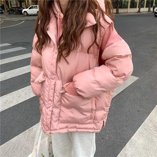 Padded Sleeve Lettering Hoodie / Stand Collar Buttoned Padded Vest