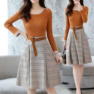 Set: Long-sleeve Top + Plaid Midi Skirt
