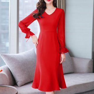 Bell-sleeve Midi Mermaid Chiffon Dress