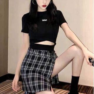 Set: Short-sleeve Crop Top + Plaid Mini A-line Skirt