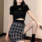 Set: Short-sleeve Crop Top + Plaid Mini A-line Skirt