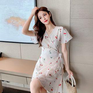 Short-sleeve Cherry Print A-line Mini Wrap Dress