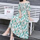 Leaf Patterned Short-sleeve Midi A-line Dress