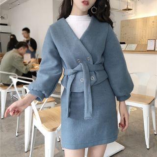 Set: Plain Double-breasted Jacket + High-waist Skirt