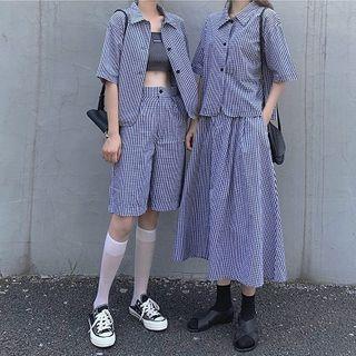 Gingham Elbow-sleeve Blouse / Midi A-line Skirt / Straight-cut Shorts / Set