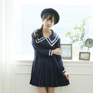 Sailor-collar Pleat Minidress Navy Blue - One Size
