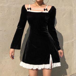 Long-sleeve Cold Shoulder Lace Trim Mini A-line Dress