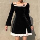 Long-sleeve Cold Shoulder Lace Trim Mini A-line Dress