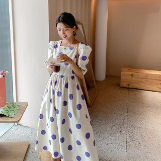 Puff Sleeve Square Neck Dotted A-line Dress