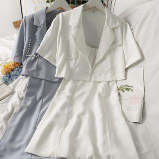 Set: Pearl-accent Crop Light Blazer + Sleeveless Mini Dress