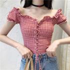 Short-sleeve Frill Trim Checker Lace-up Top