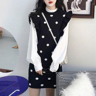 Puff-sleeve Blouse / Polka Dot Frill Trim Long Knit Vest