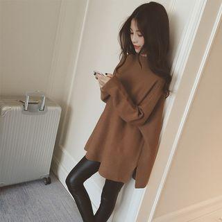 Plain Mock Neck Side Slit Long Sweater