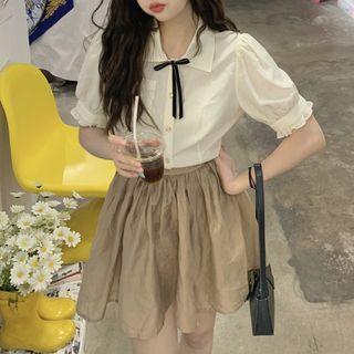Short-sleeve Ribbon Accent Shirt / Mini A-line Skirt