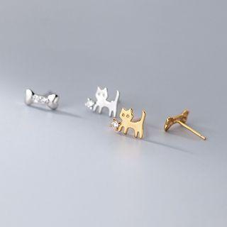 Cat Bow Rhinestone Asymmetrical Sterling Silver Earring