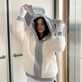 Fleece Lined Zip Hoodie White & Gray - One Size