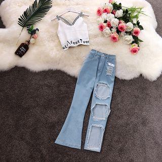 Set: Lettering Knitted Camisole Top + Distressed Boot-cut Jeans