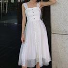 Lace Trim Mesh Panel Sleeveless Midi A-line Dress