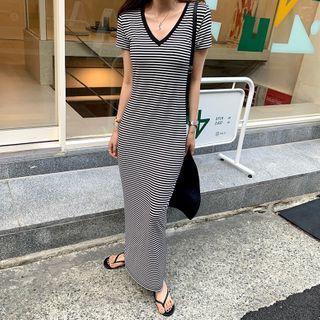 Striped Short-sleeve Maxi T-shirt Dress As Shown In Figure - One Size