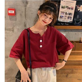 Elbow-sleeve Buttoned Placket T-shirt