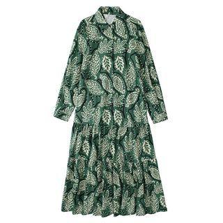 Leaf Print Midi Shirt Dress