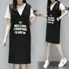 Set: Short-sleeve T-shirt + Lettering Sleeveless Hooded Dress