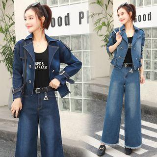 Set: Double-breasted Denim Jacket + Wide-leg Jeans