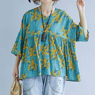 Floral Print Elbow-sleeve A-line Top